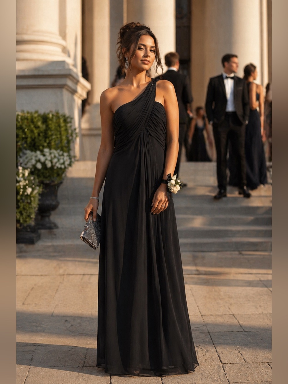 Elegant One-Shoulder Black Evening Gown